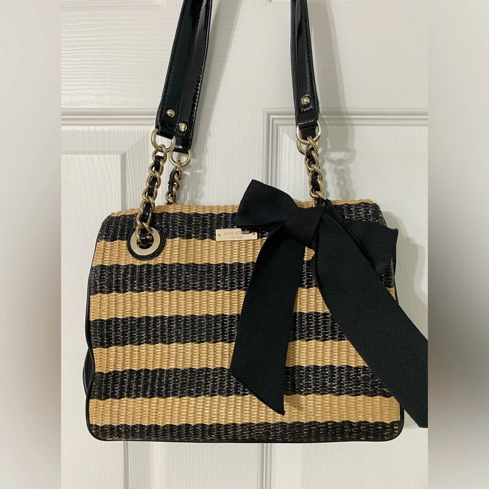 kate spade Black and Tan Striped Straw Tote with Black Bow